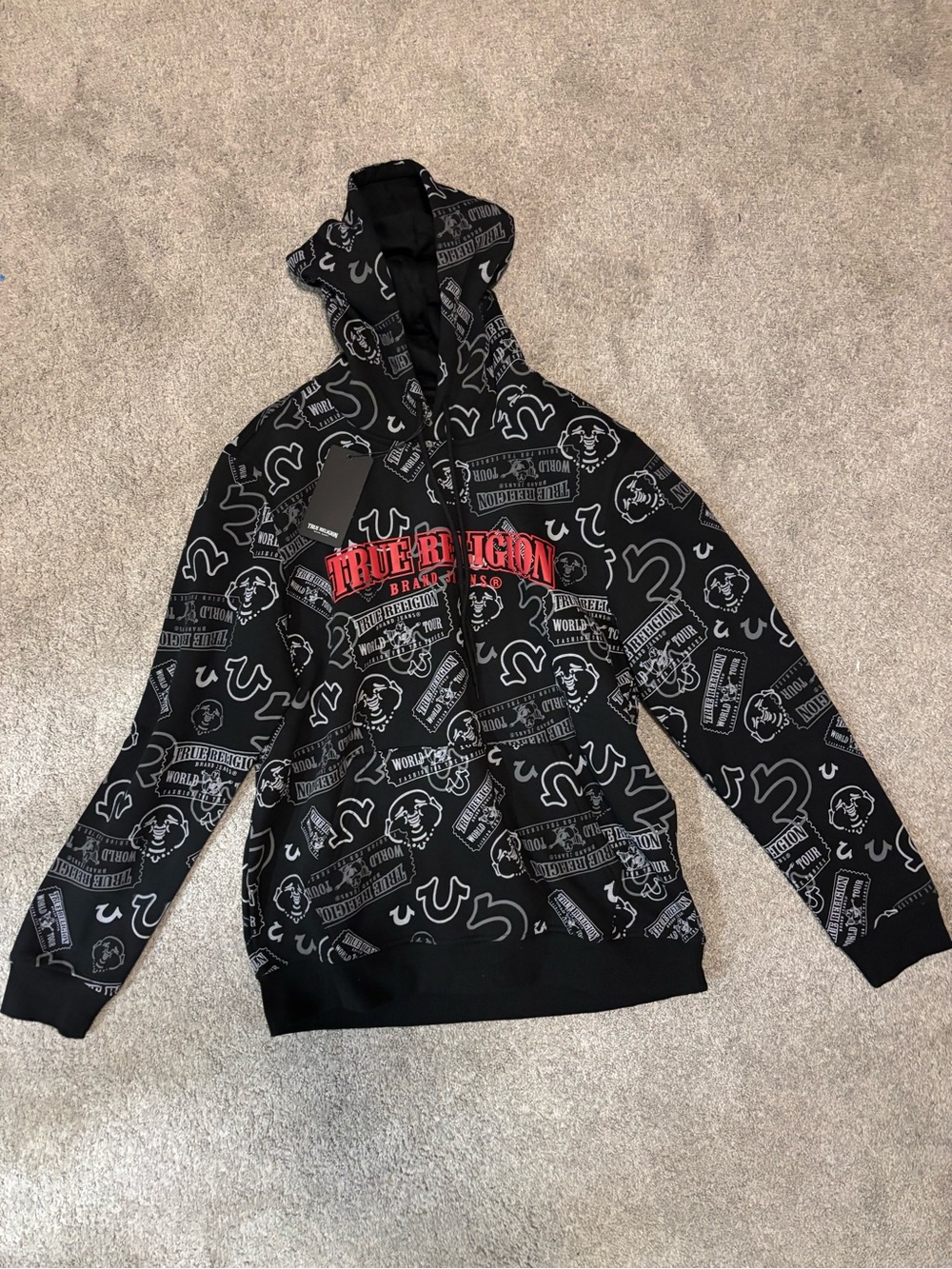 True Religion Black Zip-Up Hoodie with Red Logo and Gray All-Over Print
